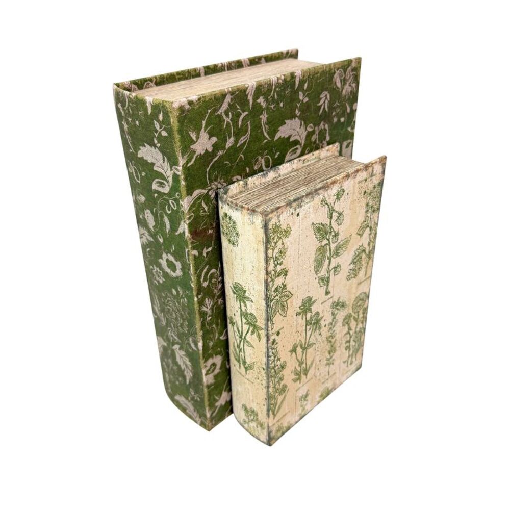 Set of 2 Botanical Decorative Book Boxes Green Cream Wood 10.75 Inch